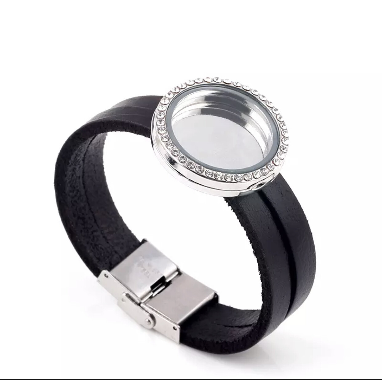 Double Leather Strap 30 mm Glass Living Memory Floating Charm Locket Bracelet