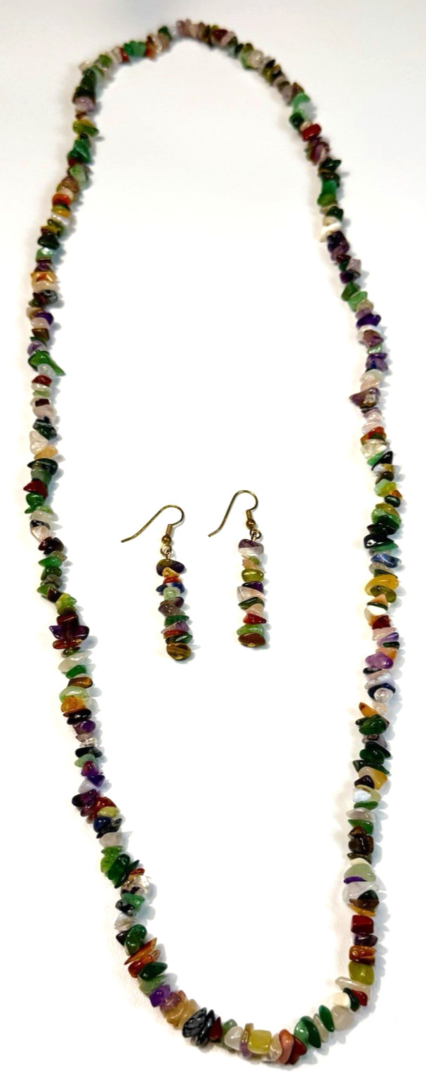Chip Bead Necklace and Dangle Earrings Set Multi Color Glossy Boho Long Layering
