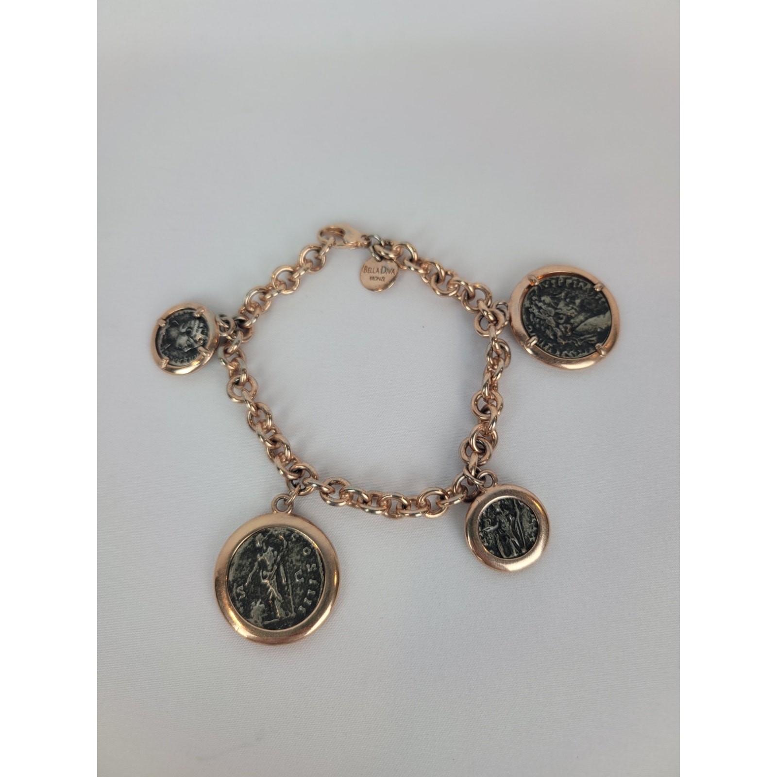 Bella Diva 18kt Rose Gold Plated Bronze Roman Coin Charm Vintage Bracelet