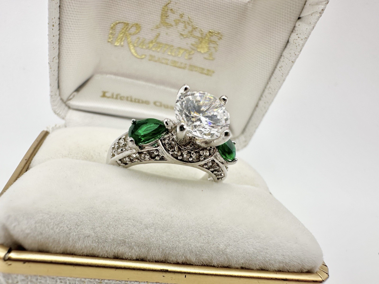 Silver Tone Cocktail Ring SZ8 Green Bling Signed China? Stone Missing Read