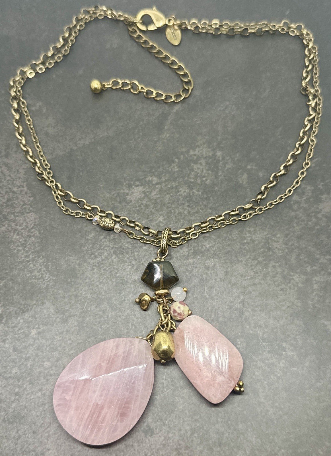 CHICO”S Double Gold Tone Chain Rose Quartz Pendants Dangle 18″ – 22″ Necklace