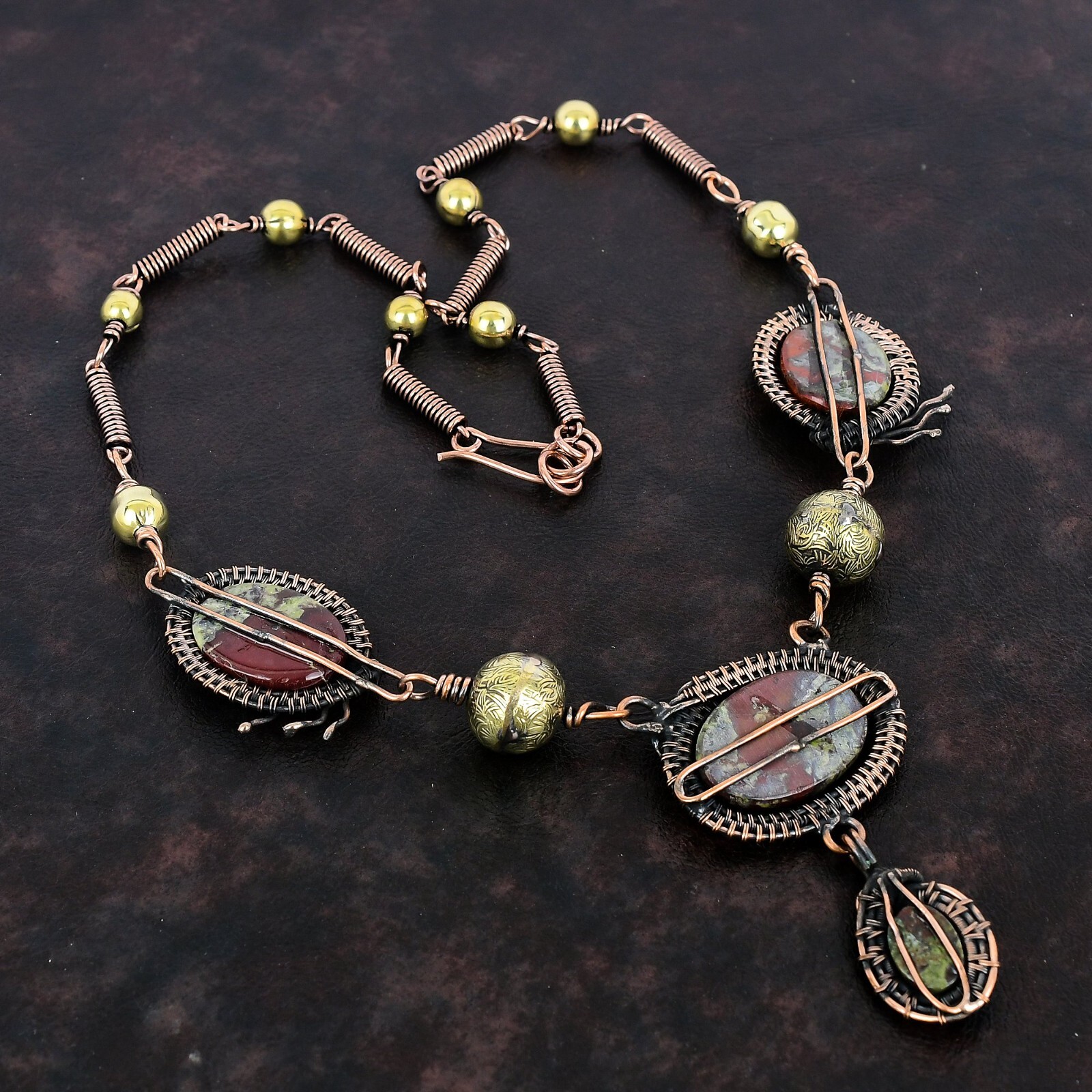 Dragon Bloodstone Wire Wrapped Chain Adjustable Necklace Copper For Women 18.0″