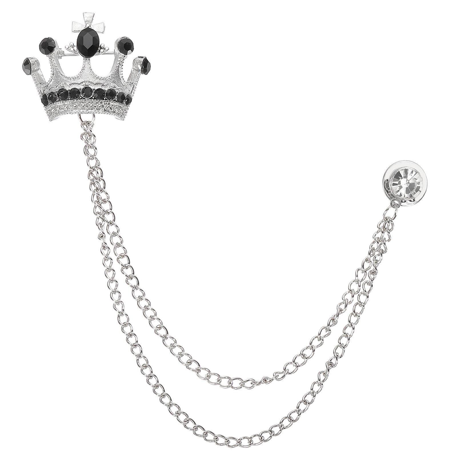 Crown Hanging Chain Brooch Pins Rhinestone Suit Pins Silver Black