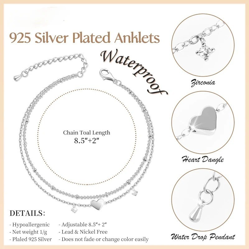 Women’s 925 Silver Plated CZ Heart Anklet Waterproof Foot Bracelet