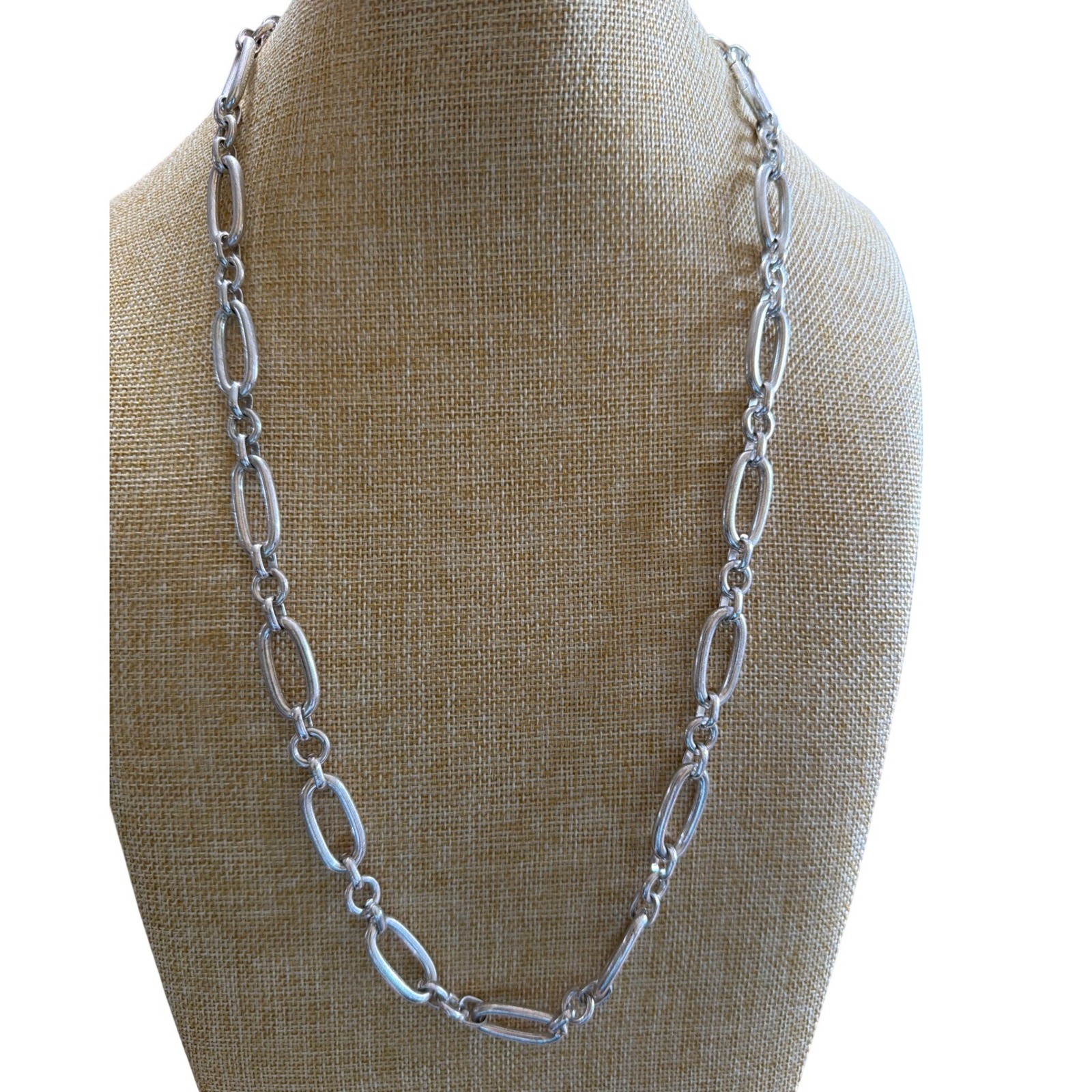 Chunky Silver Tone Oval Link Long Statement Chain Necklace