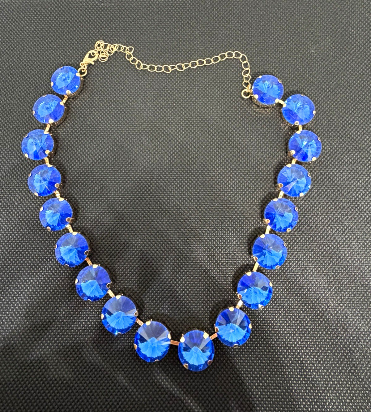 Gold Tone Blue Round Crystal Statement Necklace Cable Chain Lobster Clasp Adj