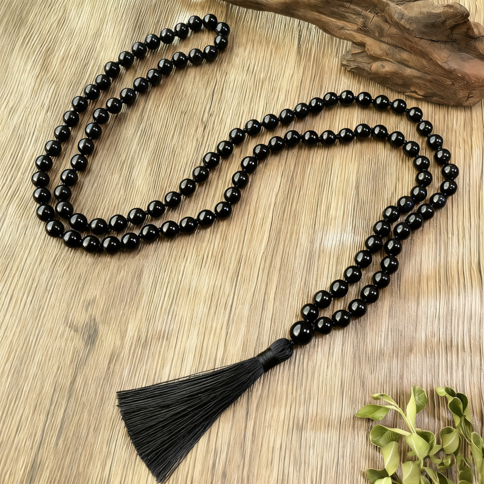 108 Mala Black Obsidian Tassel Knot Gemstone Healing Meditation Prayer Bracelet