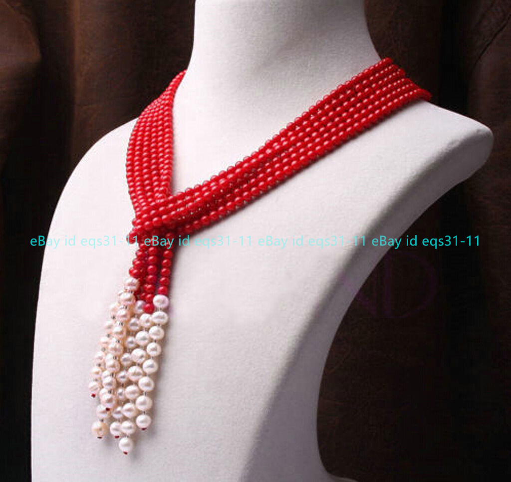 Wonderful 4mm Red Coral and 7-8mm White Freshwater Pearl Necklace 3 Strand 50″