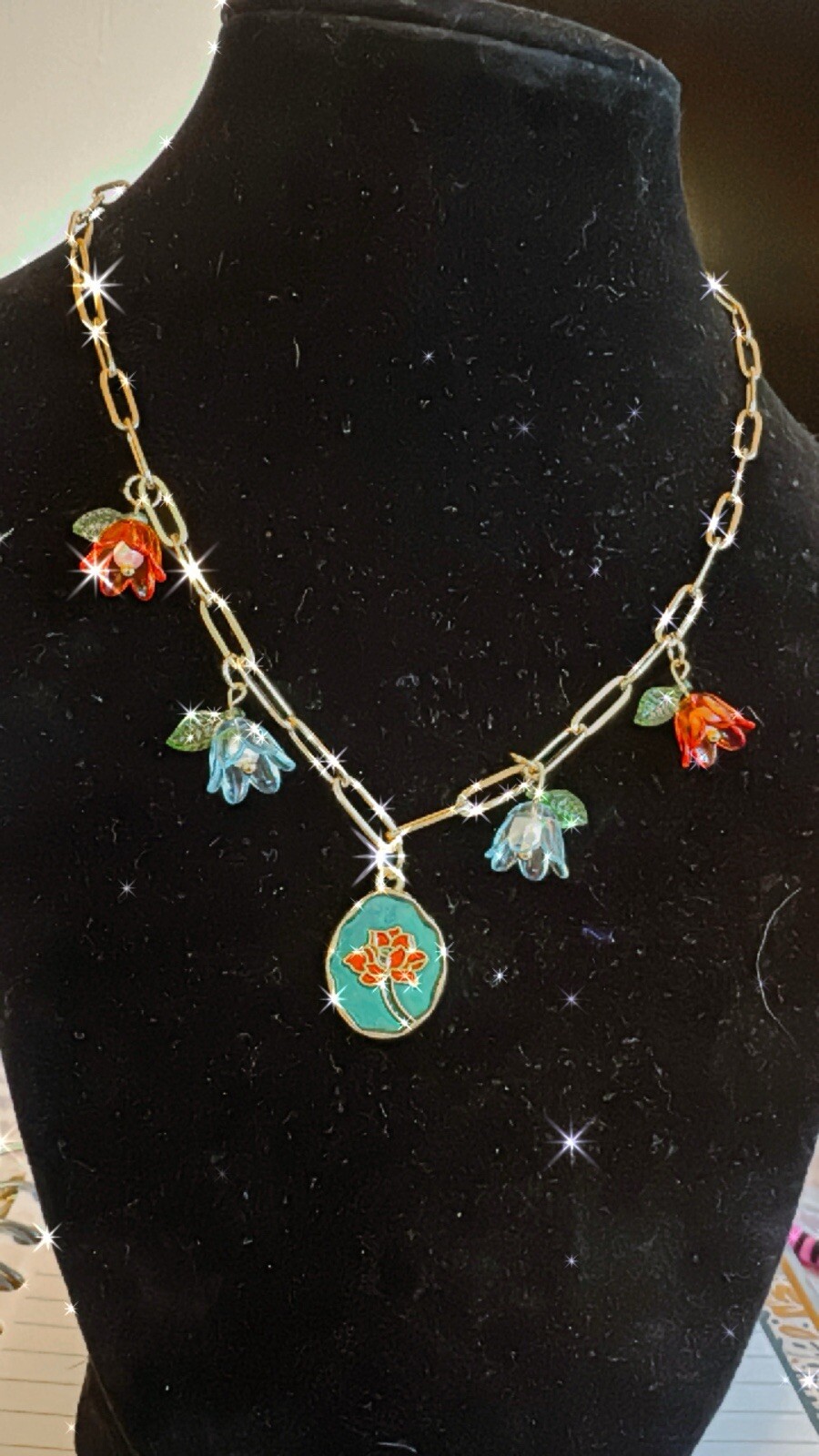 “Flower necklace“ Gold Plated Stainless Steel Paperclip Cable Necklace