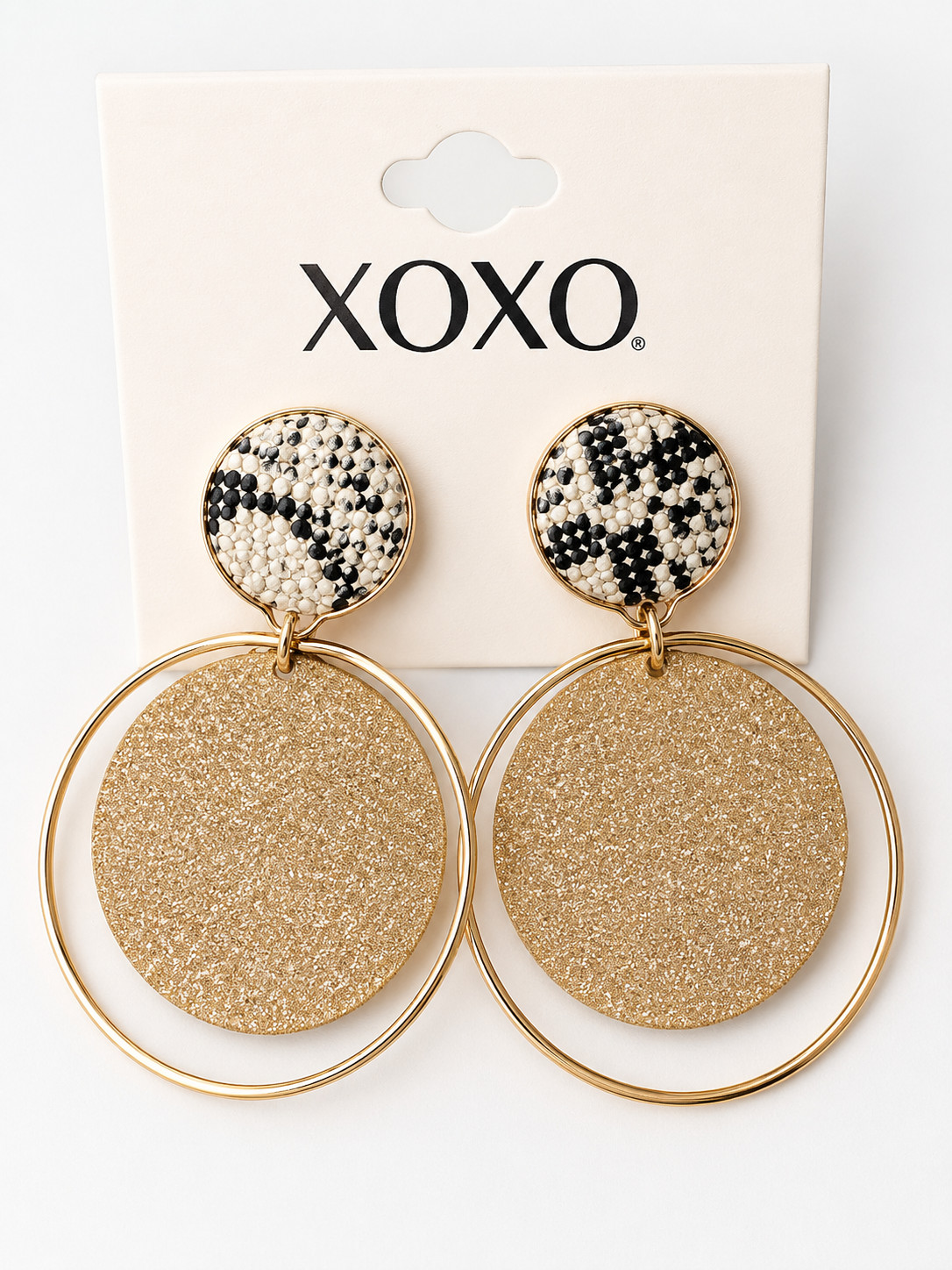 XOXO Gold Tone Glitter Disc & Snake Print Double Circle Drop Dangle Earrings NWT