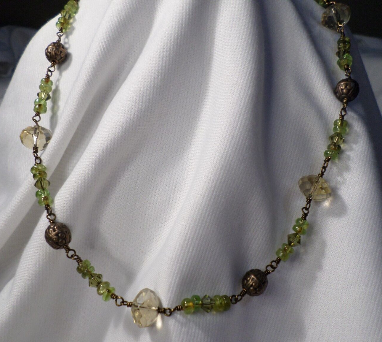Green and Champagne Glass and Metal Bead Toggle Clasp Exotic Statement Necklace