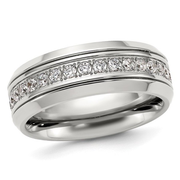 8mm Polished Titanium Ring with Channel-Set CZ Eternity Band Comfort Fit