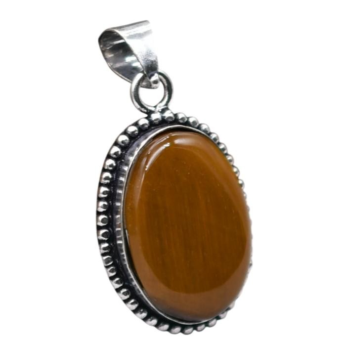 Tiger Eye Natural Gemstone Antique Silver Plated Pendant 2″ J 1090