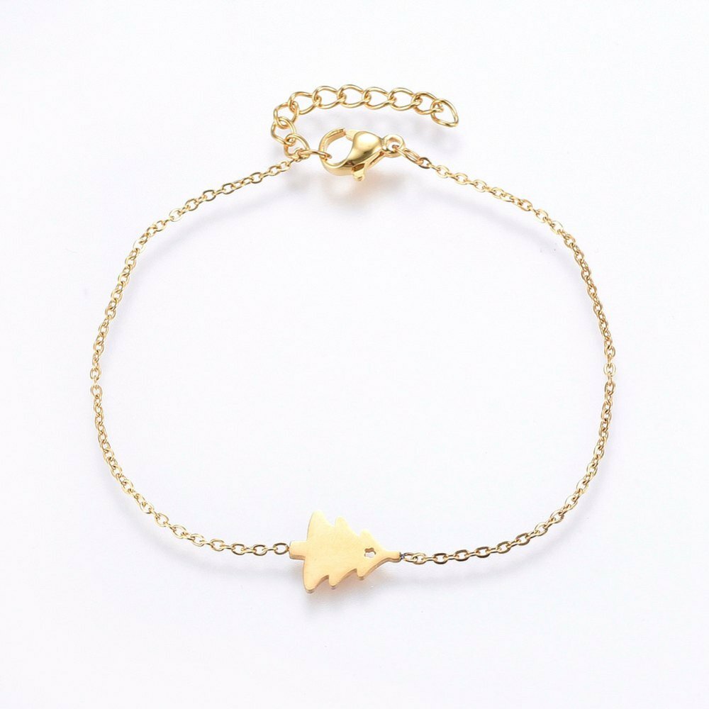 Cute Gold 304 Stainless Steel Christmas Tree Necklace, Earring, & Bracelet Set