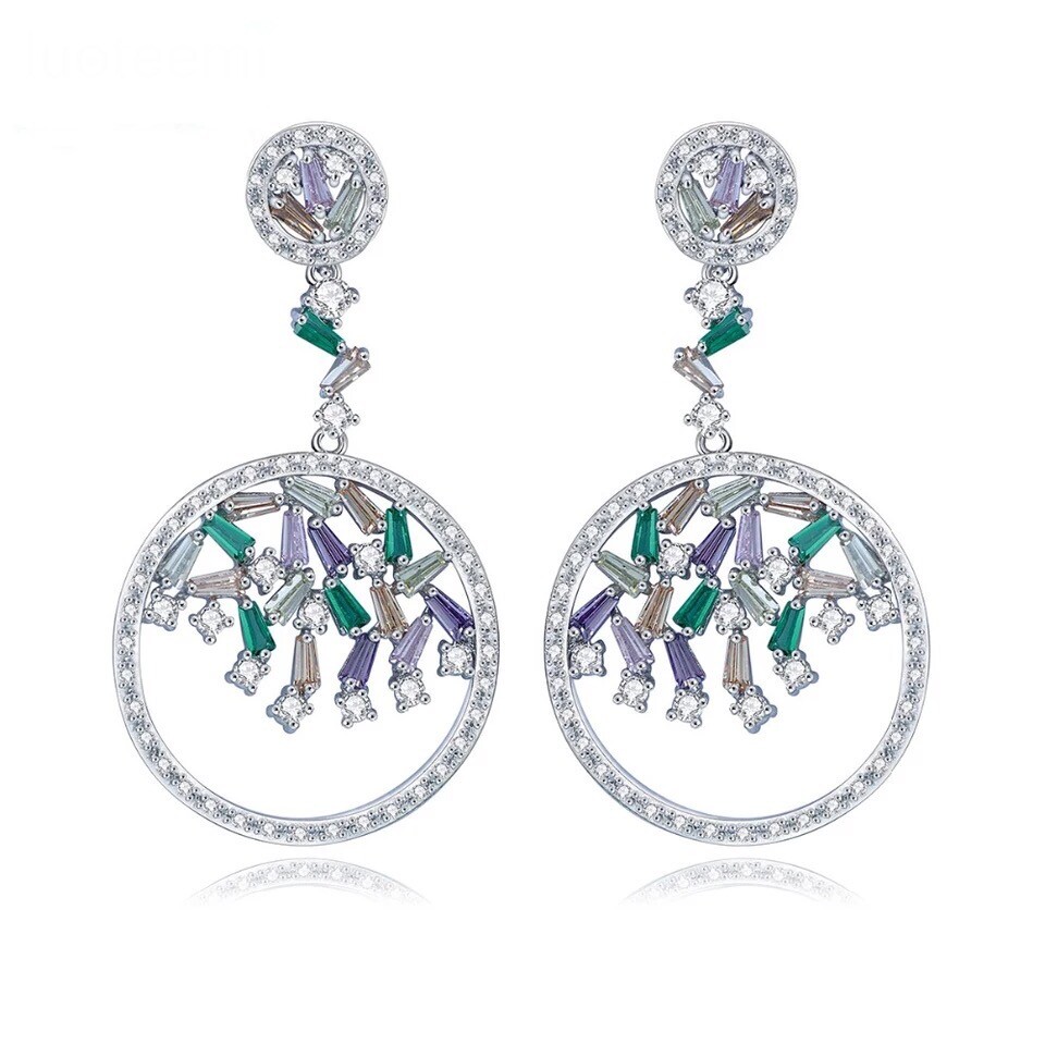 ZARD Open Circle Drop Dangle Earrings with Multi-Color Baguette Cut CZ Accents