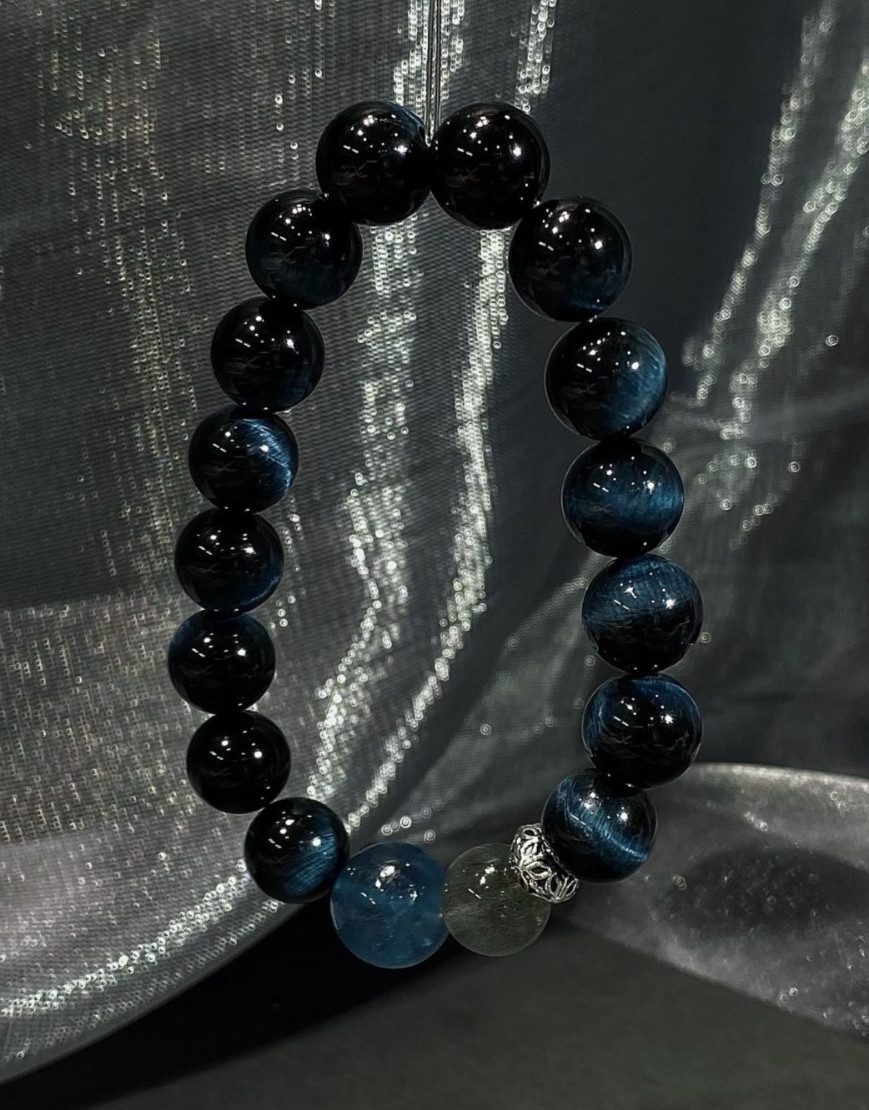 LUSA FEELA Natural Blue Tiger Eye Aquamarine Stretch Bracelet Gift Box
