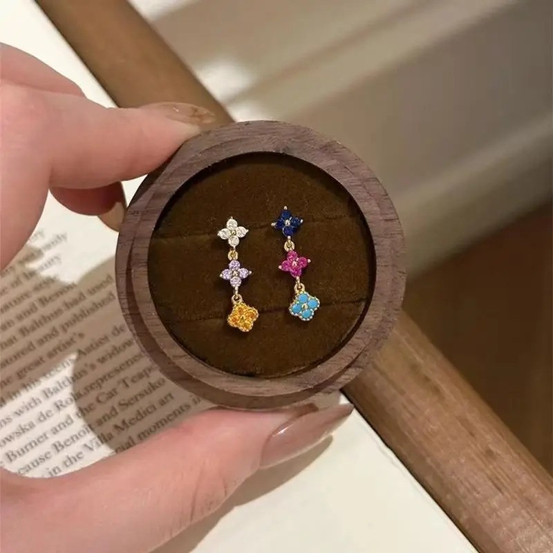 Clover Flower Multicolor Gem 925 Silver CZ Drop Dangle Stud Earrings Gift