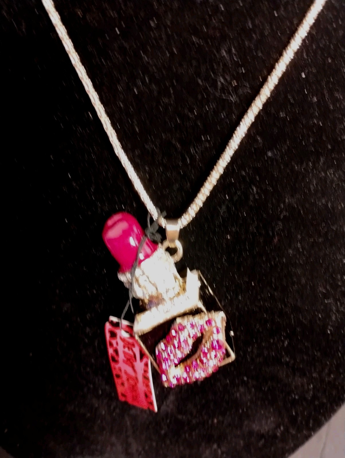 Betsy Johnson Hot Pink Lipstick With Hot Pink Rhinestone Lips On It Necklace