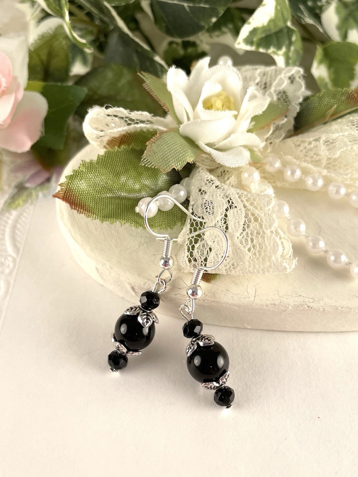 New Black Crystal Silver Hook Earrings Handmade Jewelry Trendy Artisan Fashion’s
