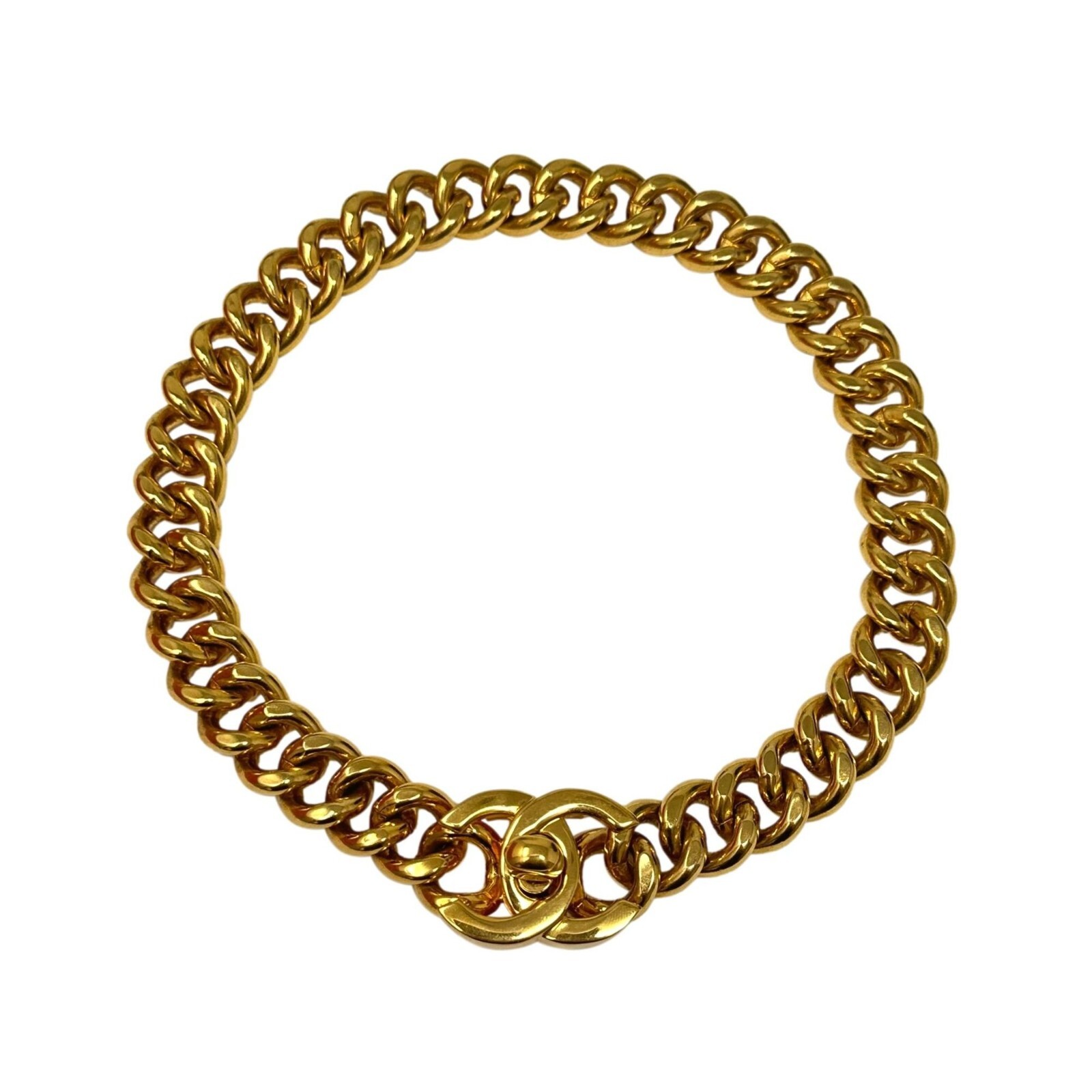 CHANEL 96P Iconic Gold Plated Logo CC Turnlock Thick Curb Chain Choker 16″