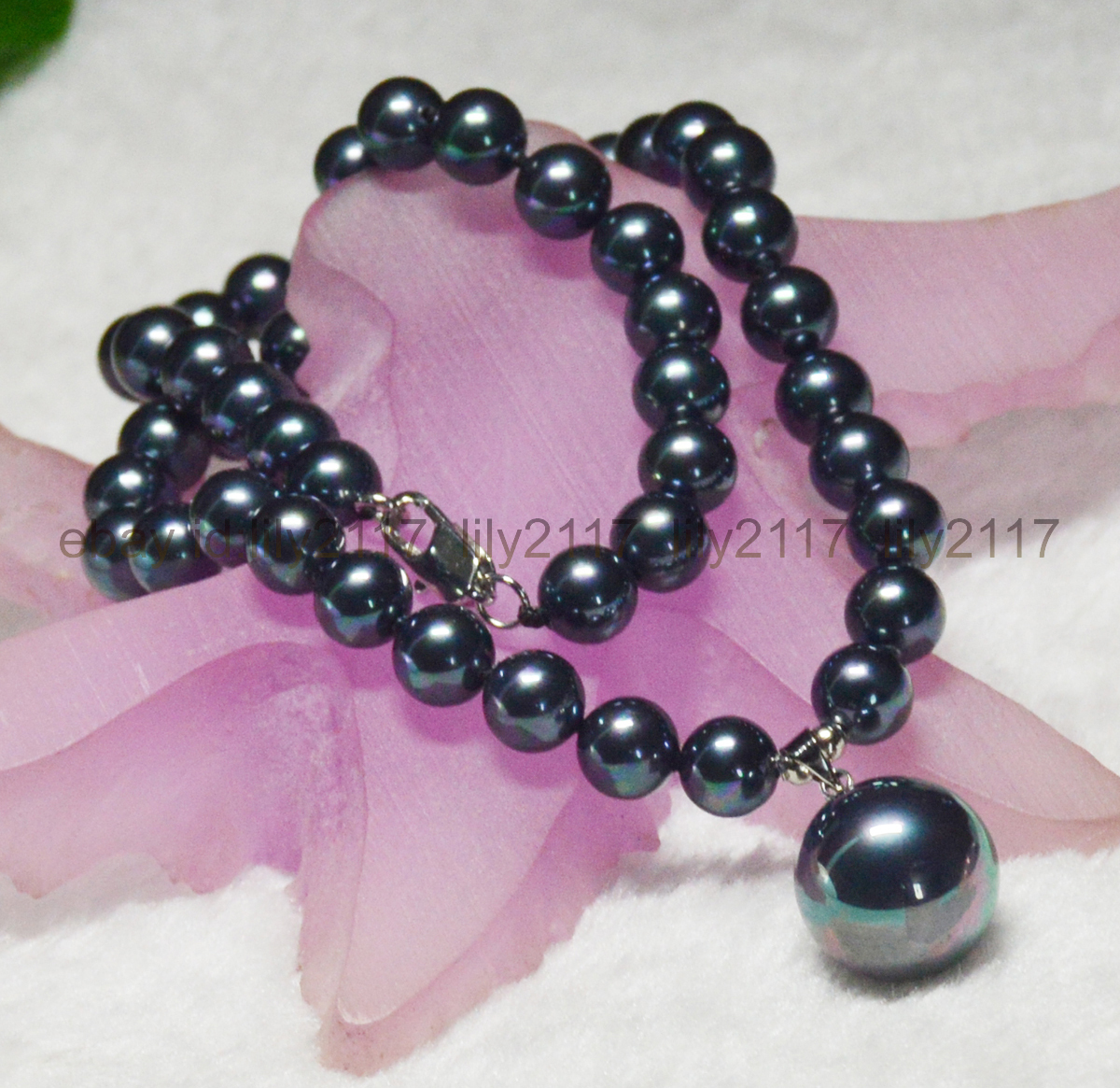 8MM South Sea Black Shell Pearl Round Beads 16MM Pendant Necklace 18″ AAA