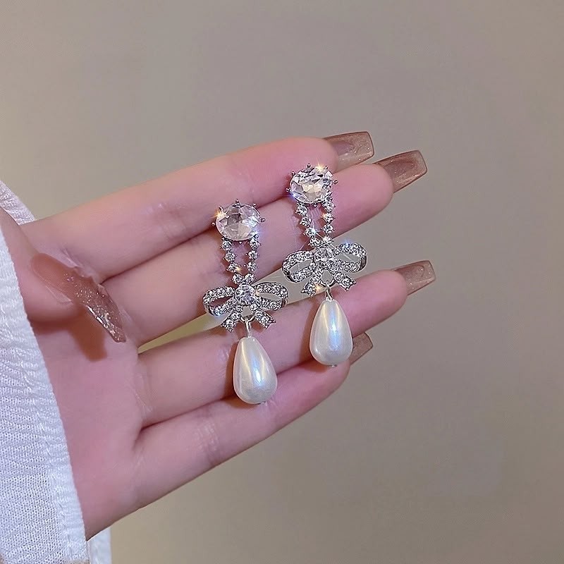 Silver Tone Rhinestone Simulated White Pearl Dangle Stud Earrings Lot 5