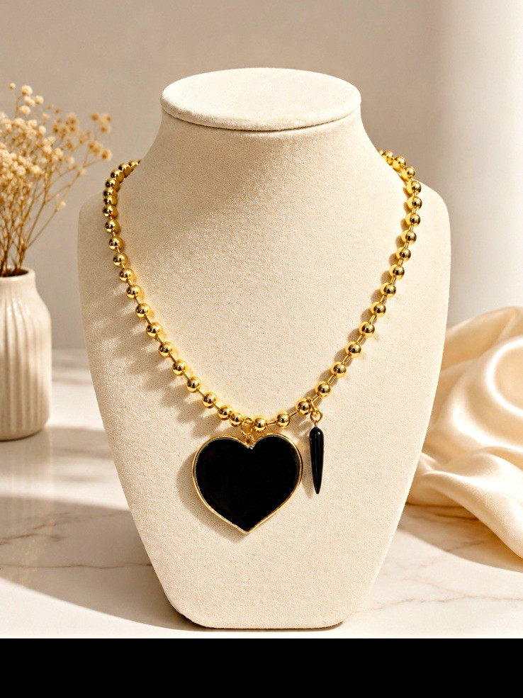 Gold Tone Beaded Necklace w/ Black Heart Charm Pendant, Ball/Bead, Love