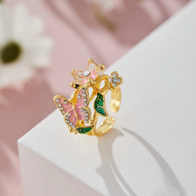 Flower Butterfly Ring Metallic Black Color Rhinestone Adjustable Open Band