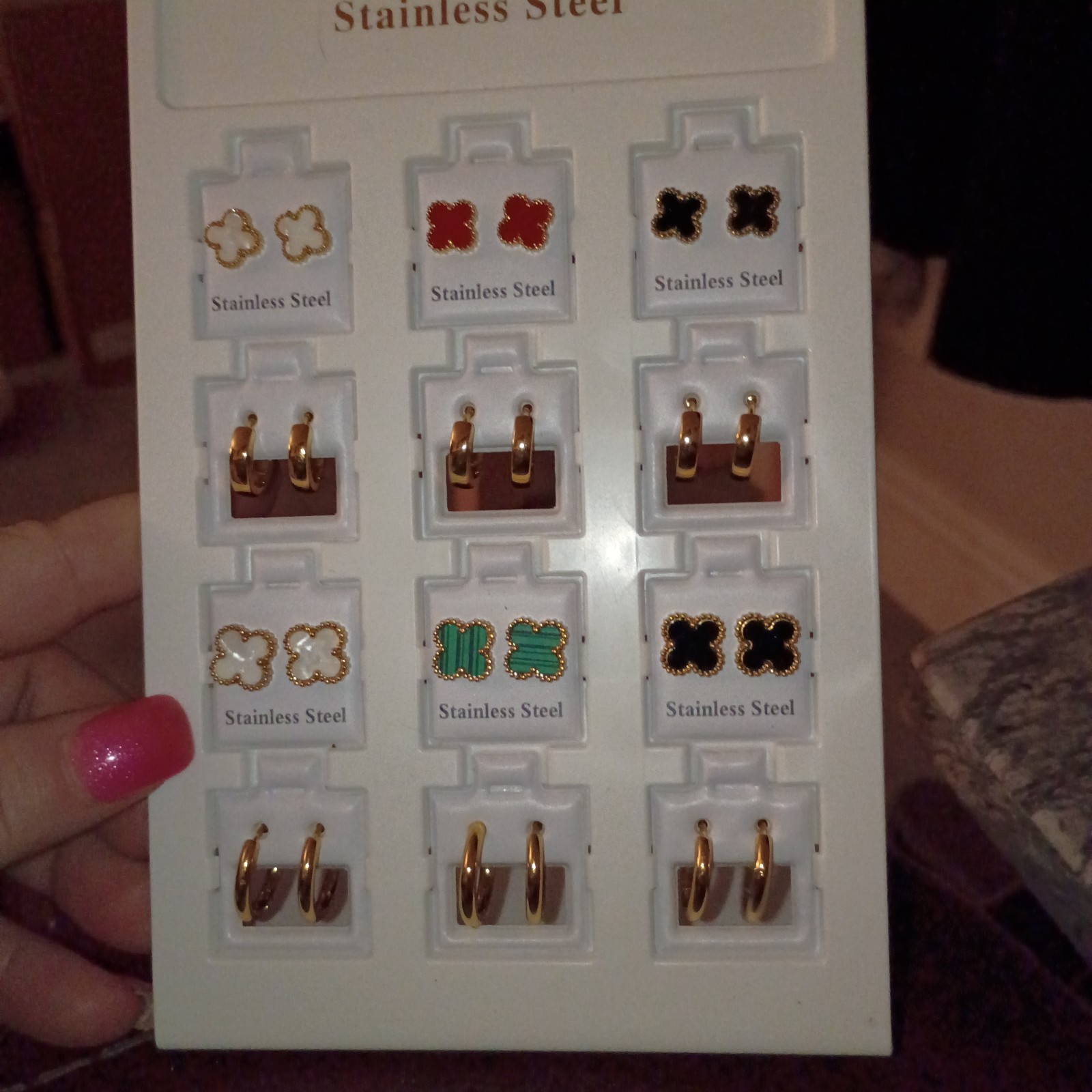 Stainless Steel Clover Earrings Set – Stud & Hoop/Huggie, Gold Black Red