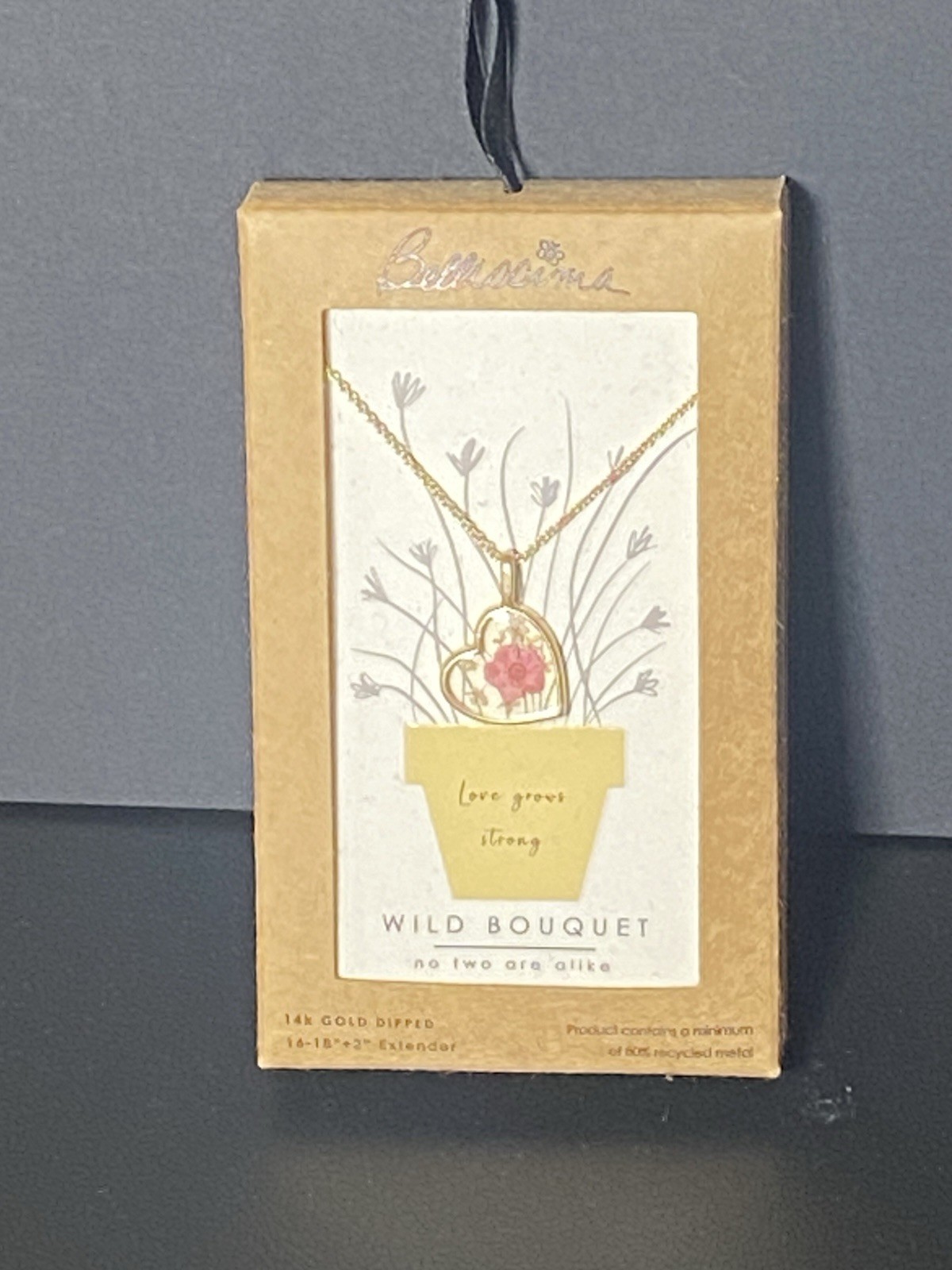 Bellissima Wild Bouquet Pressed Flower Heart Necklace 14K Gold Dipped New in box