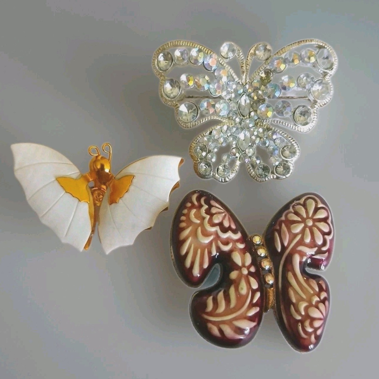 Lot Of Three Butterfly Pins Roaches Rhinestone Ceramic And Enamel