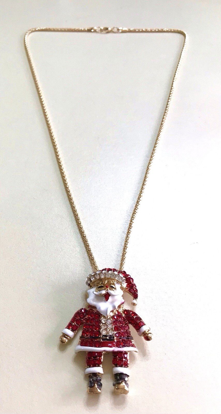 Red Black Clear Rhinestone Santa Claus Pendant Gold Tone Chain Lobster Clasp