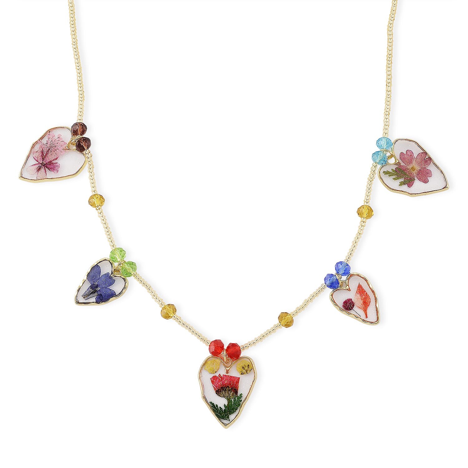 Resin, Color Glass Necklace Dry Flowers Filled Heart Charms in Goldtone 20-22In