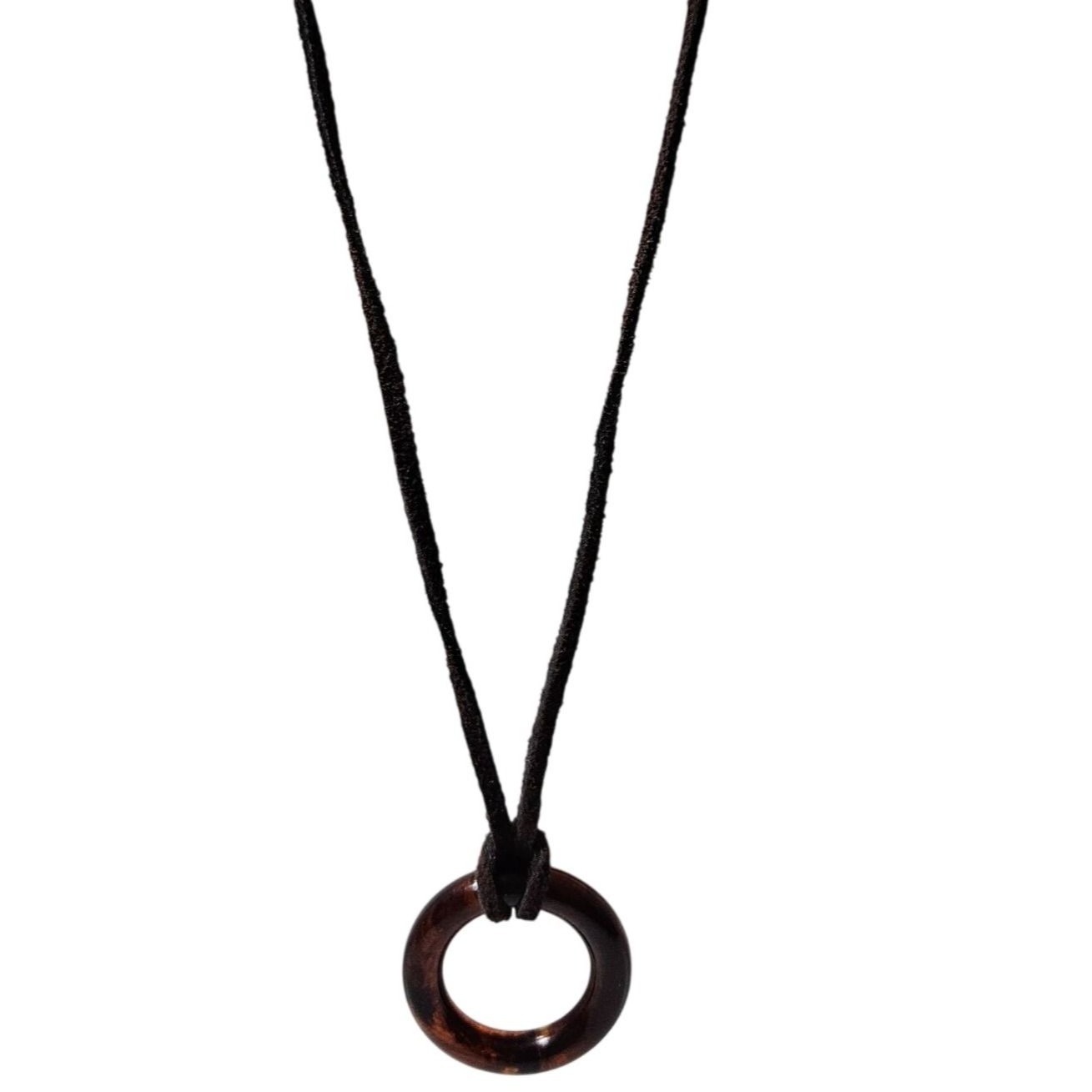 Boho Pendant Necklace Amber Colored Resin Ring Adjustable Brown Suede Cord