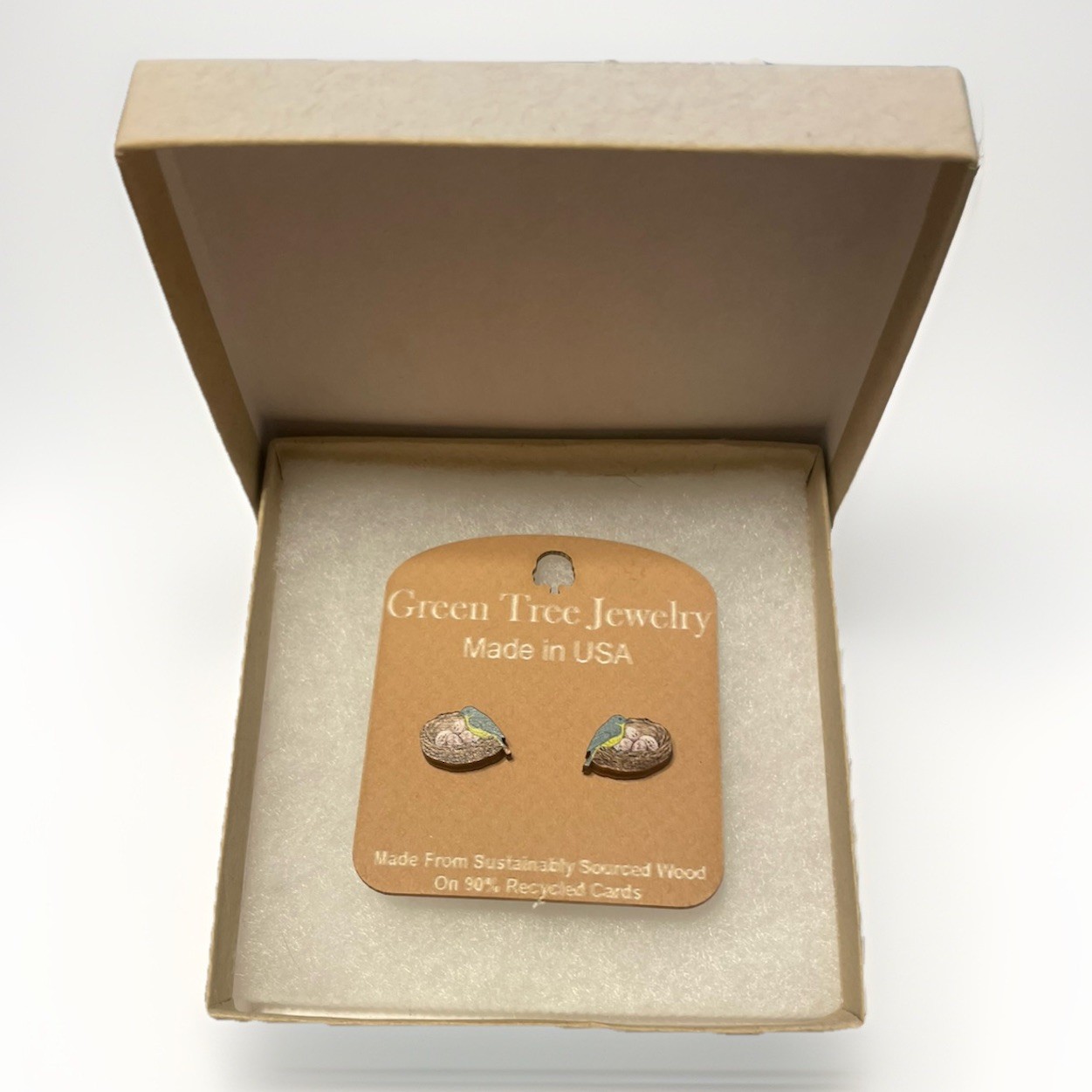 Green Tree Jewelry Bird in Nest Wood Earrings Egg Studs Made in USA Gift Boxed