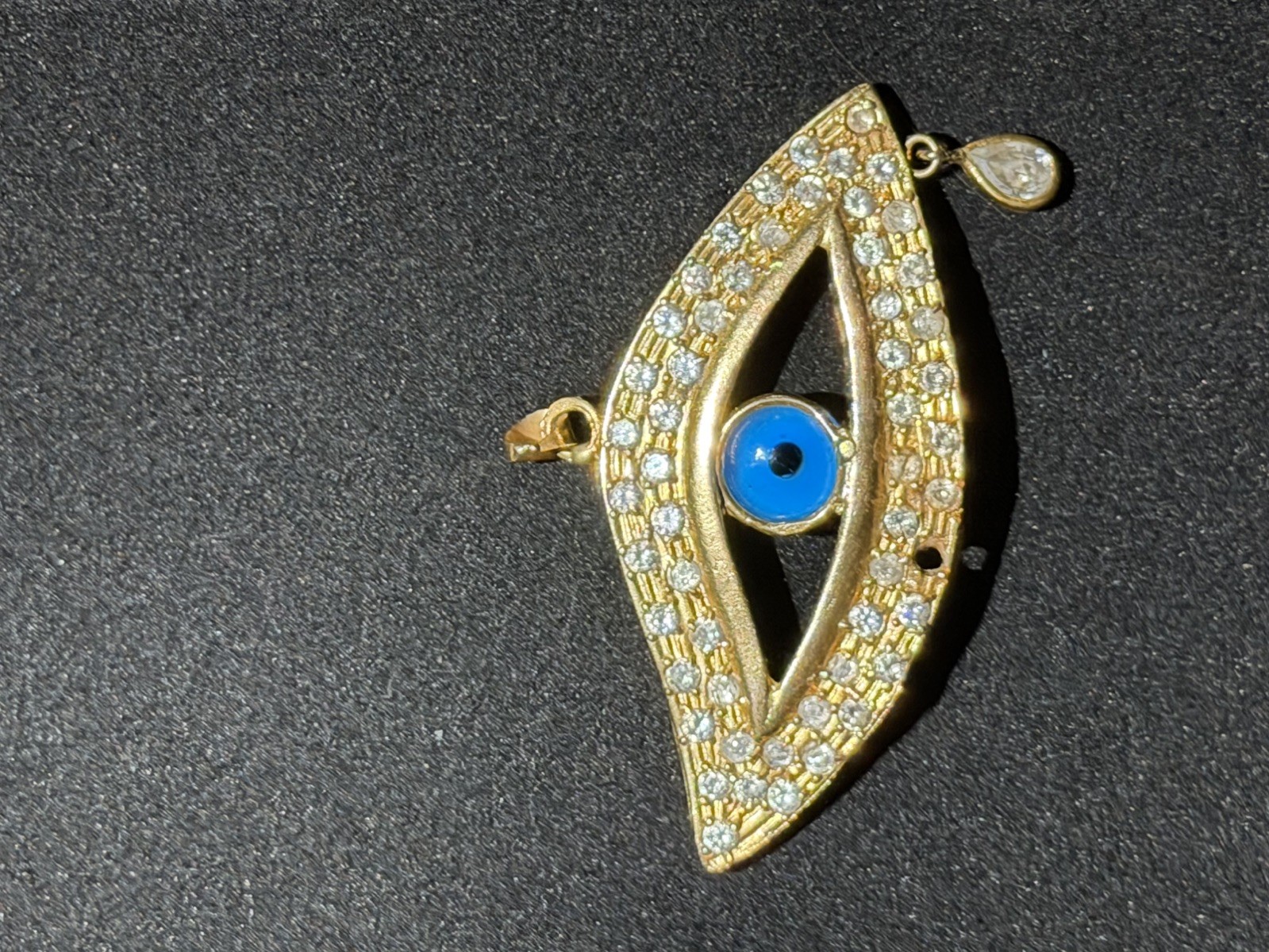 21K Yellow Gold Evil Eye Pendant Brooch + Blue Nazar Stone Clear Accent Stones