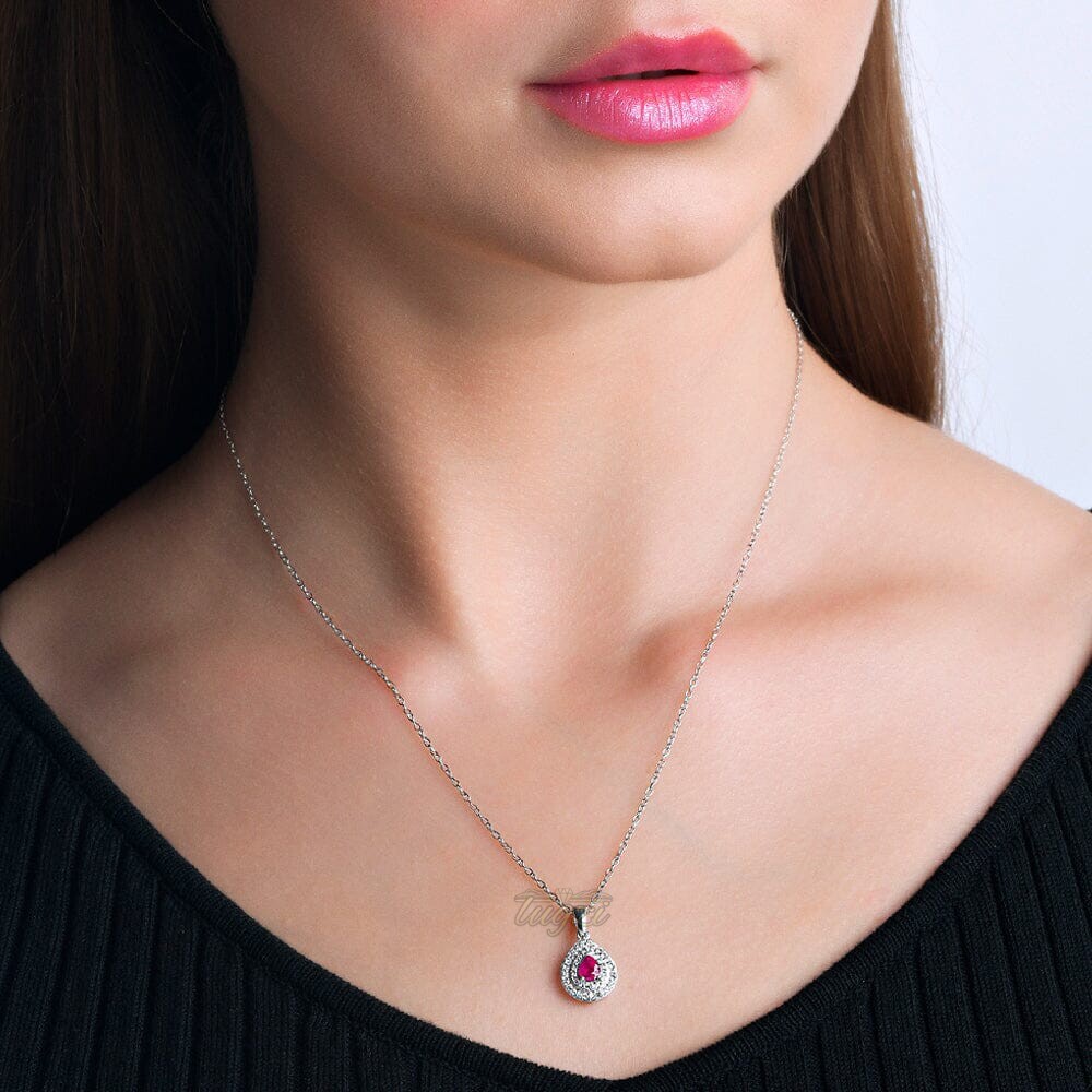 🔥$499-💥1.50CT Natural Ruby & White Topaz Halo Pendant Necklace🔥 SS/14K PL 925