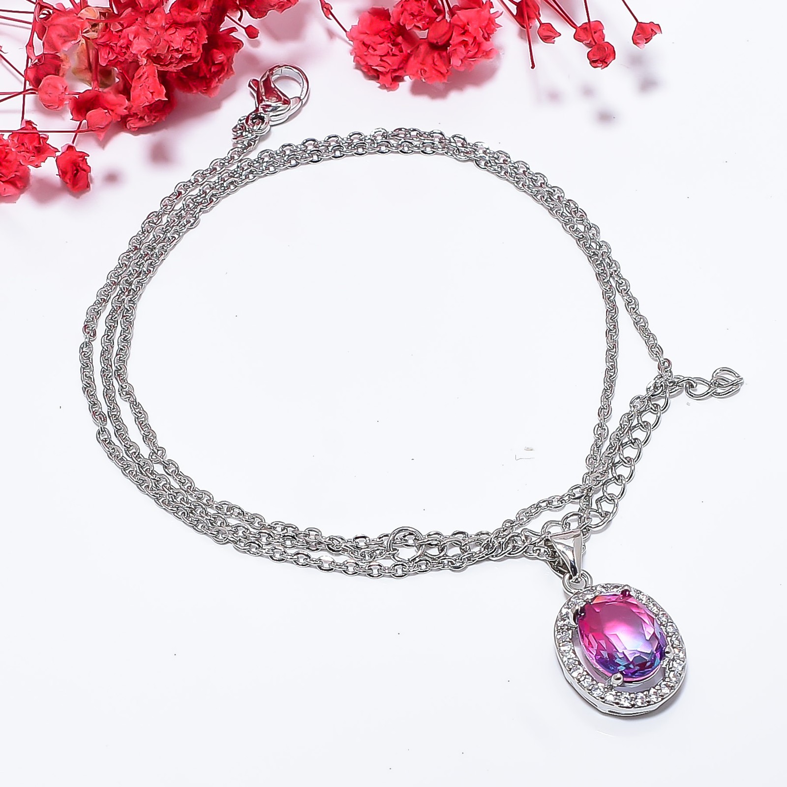 Pink & Purple Bi-Colour Tourmaline & Cz 925 Silver Pendant Chain 18-20″ CP6030