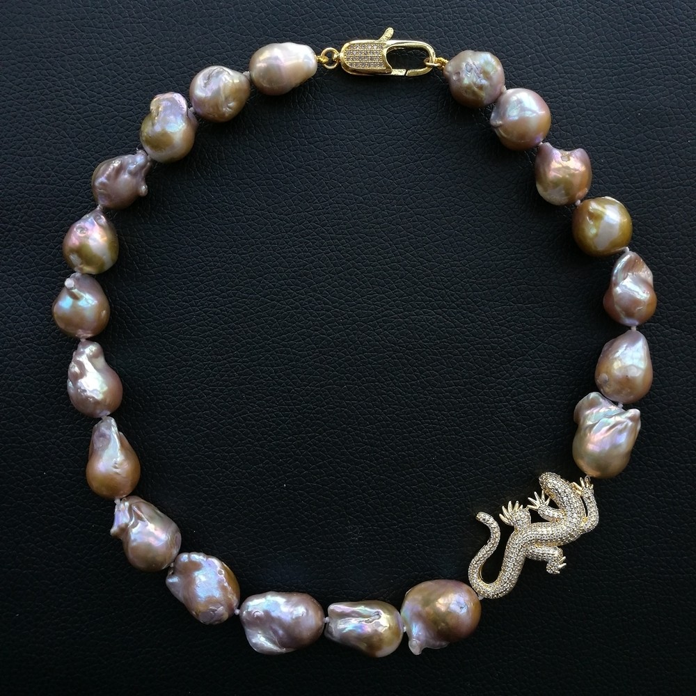 19″ 16x23MM Purple Keshi Pearl CZ Lizard Connector Necklace