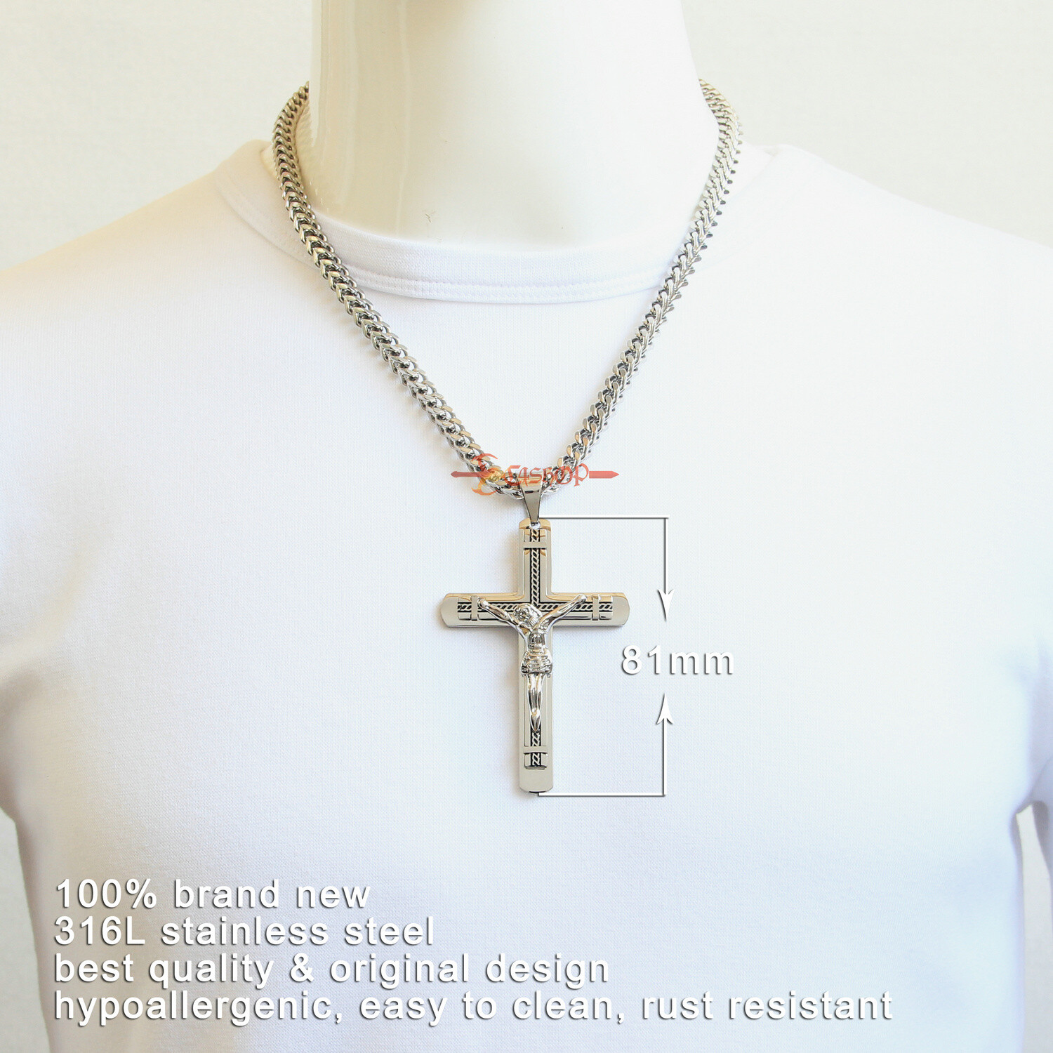 Heavy Catholic Jesus Christ INRI Cross Crucifix Stainless Steel Necklace Pendant