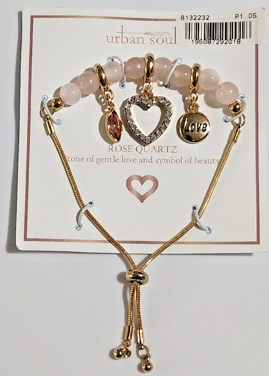 Urban Soul Heart Charm Love & Beauty Bracelet Rose Quartz Gold Tone & Crystals