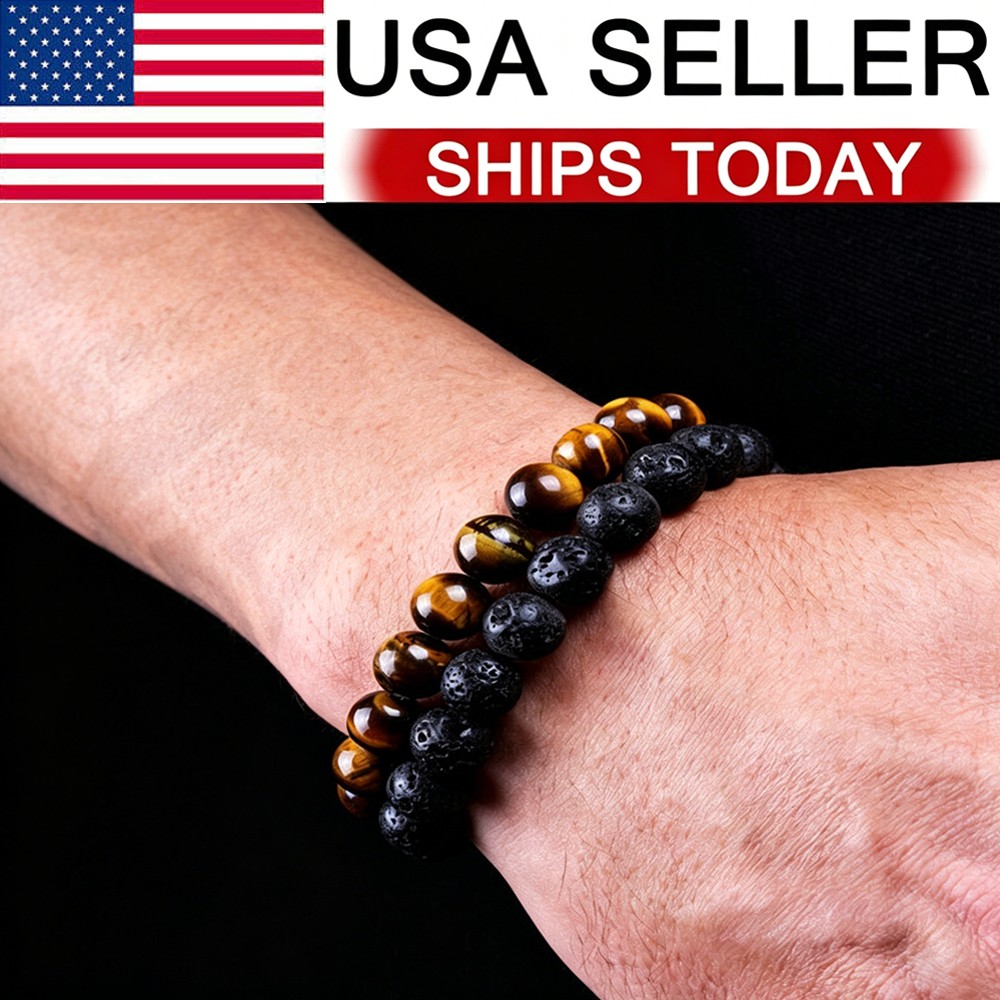 4PCS Men Bracelet Classic Lava Rock Tiger Eye Gem Stone Beaded Healing Boyfriend