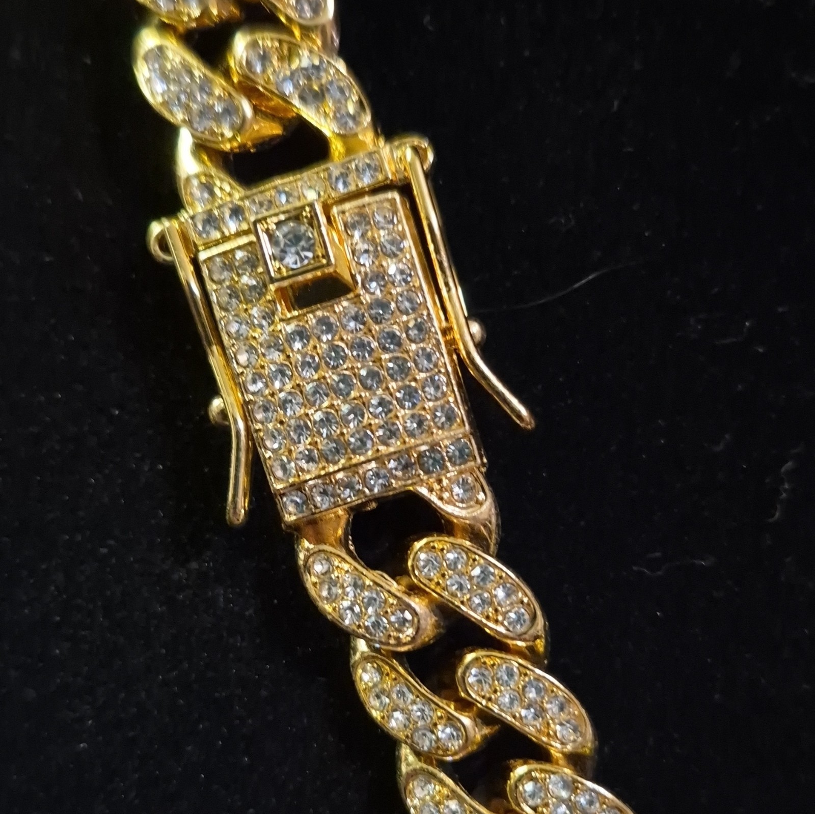 Gold Plated Cuban Link Chain Necklace w/ Gun Charm, Simulated Diamond, Box