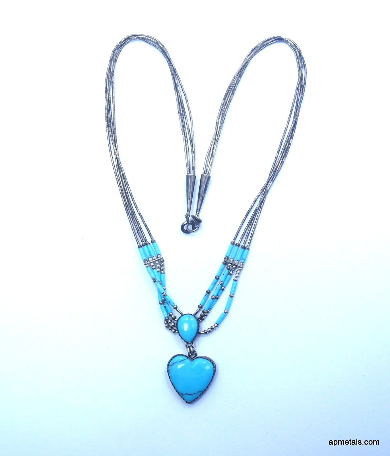 Vintage Gorham Sterling Turquoise Beaded Strand Drop Dangle Heart Necklace