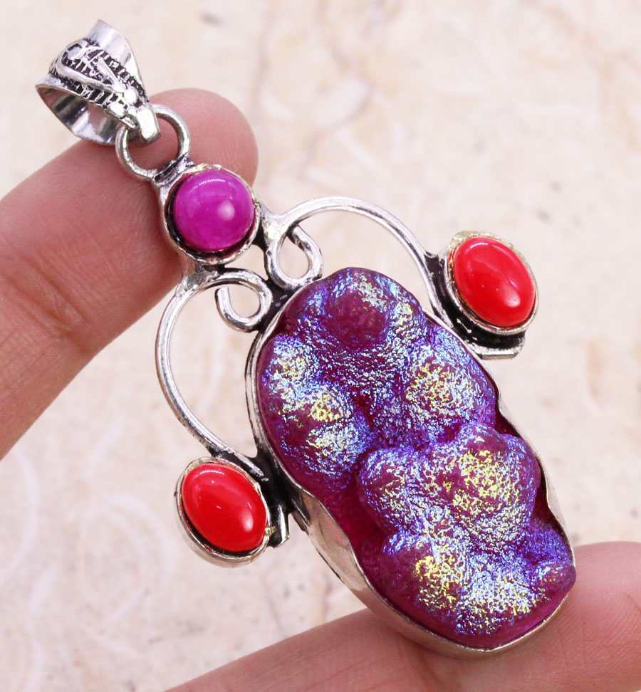Color Enhanced Titanium Druzy 925 Silver Plated Handmade Pendant of 2.2″ Ethnic