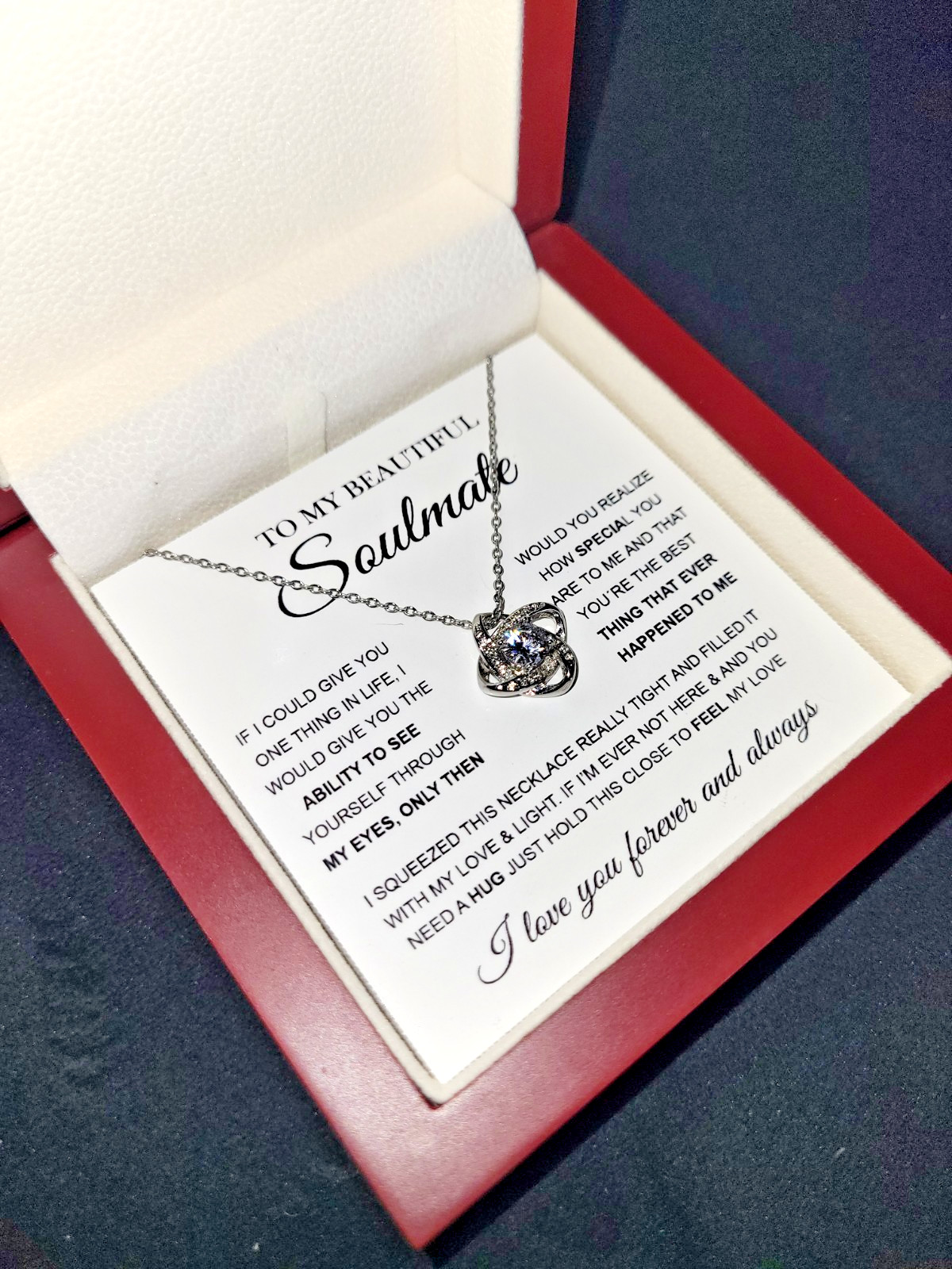 Women’s Soulmate Love Knot Necklace, silver plated, 18 to 22 inch chain.