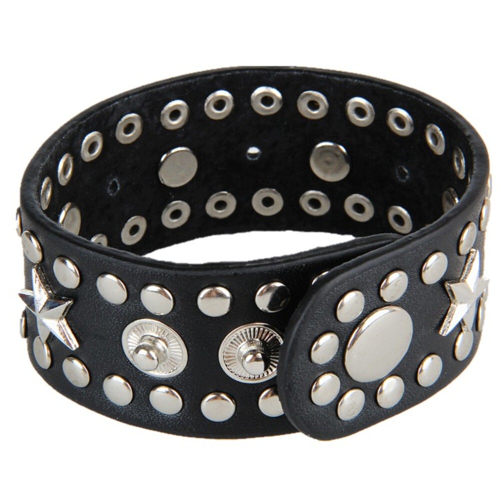 Gothic Punk Rock Wide Alloy Star Studded Bracelet Leather Bangle Cuff Adjustable