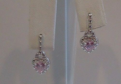 STERLING SILVER LADIES HEART SHAPE DANGLING EARRINGS PINK/WHT SIMULANT DIAMOND
