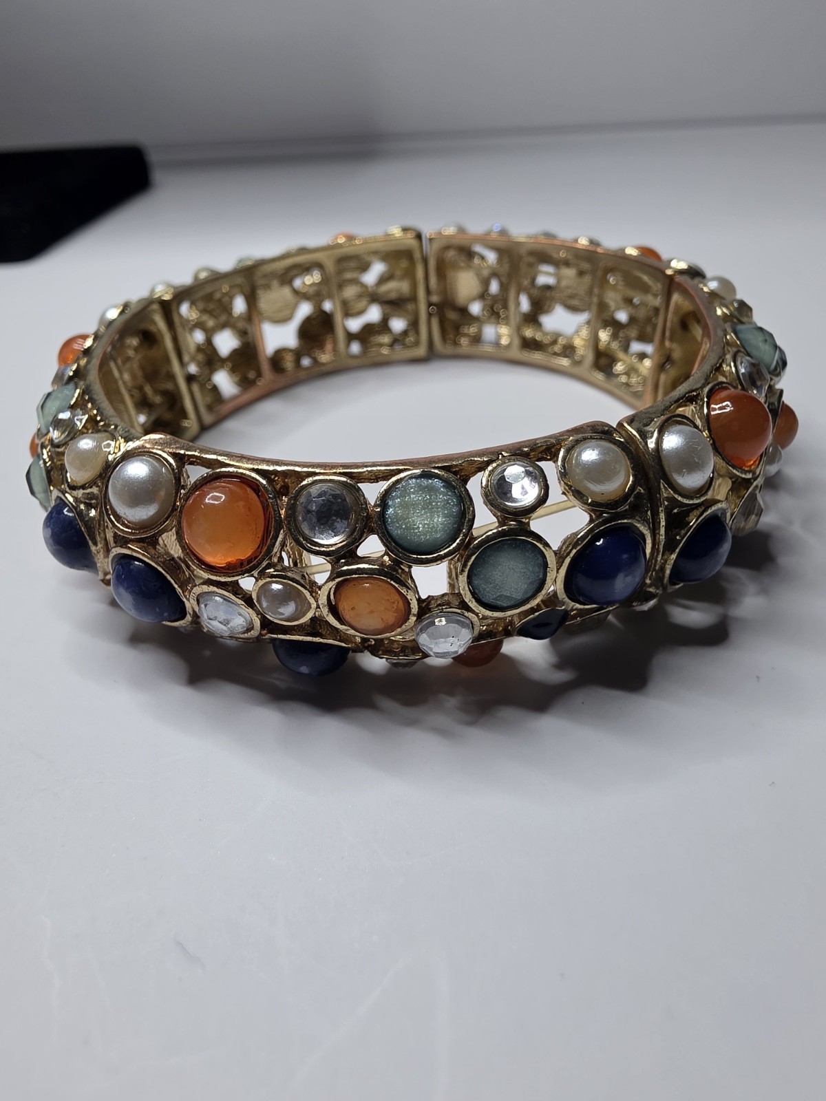 Fall Colors Maize, Yellow, Blue & Orange Cabochons Stretch BRACELET Goldtone