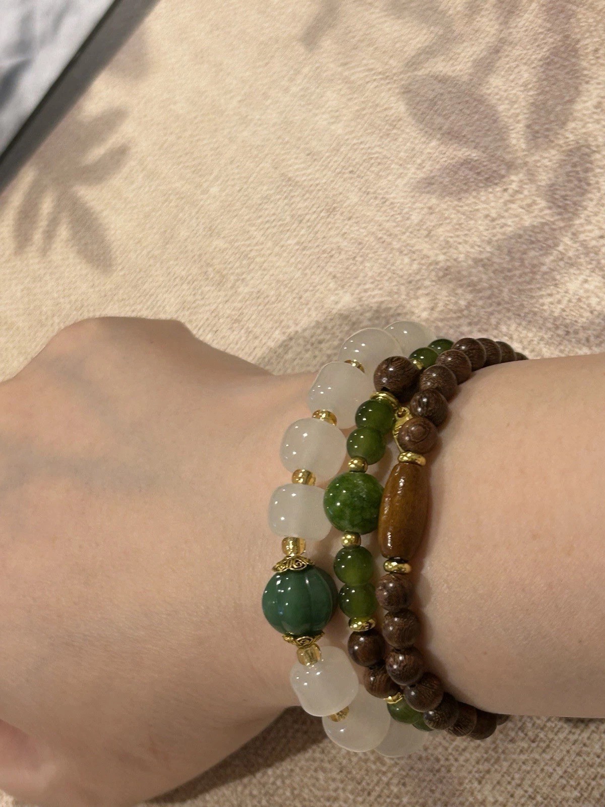 Green White Brown Gold Beaded Stretch Bracelets Set, Round Stone Beads